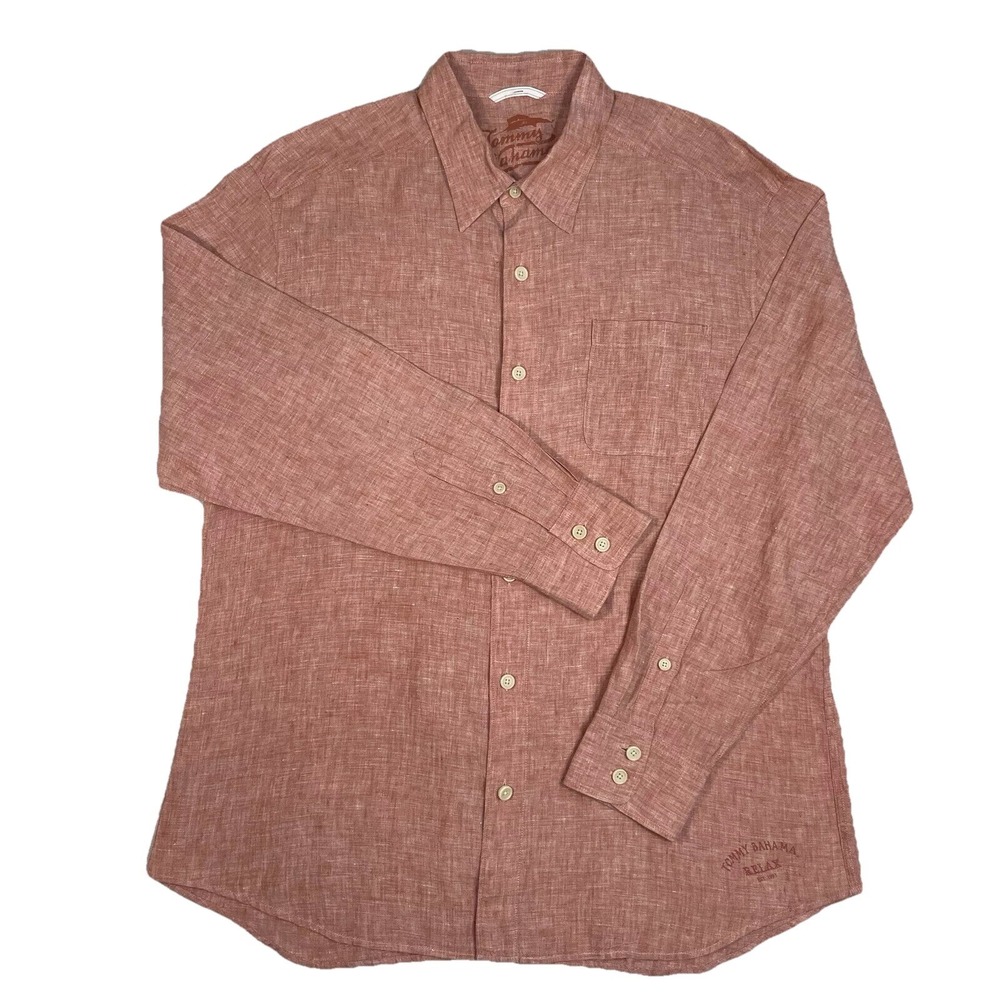 Tommy Bahama Relax 100% Linen Mens Button Up Shirt Long Sleeve Heather Coral XL
